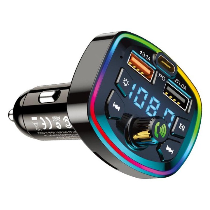 Modulator Auto KSC‑851, PD 18W, Bluetooth FM Transmitter, Ecran Digital, Slot TF, 3.1A, LED Multicolor