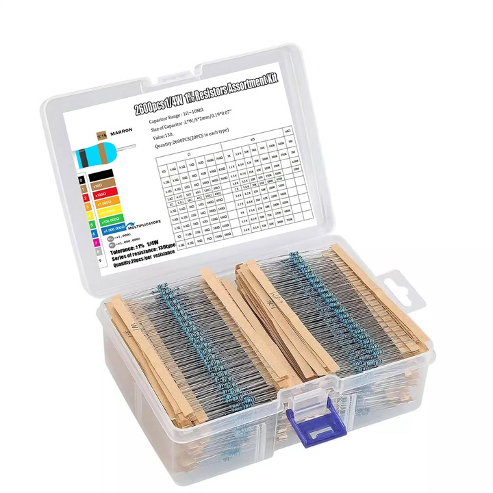 Set rezistente metal film 1/4W - 2600 bucati, cu 130 valori, 1 Ohm - 10M Ohm, Ideal pentru proiecte electronice si ingineri