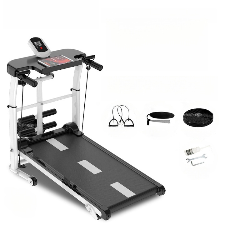 Пътека за бягане, максимално поддържано тегло 150 кг, сгъваема, система за абсорбиране на удари, предварително сглобена, безшумна, екологична, с 2 фитнес съпротивителни ленти, черна