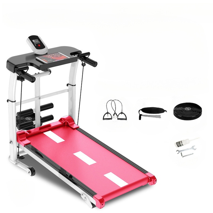 Бягаща пътека, максимално поддържано тегло 150 кг, сгъваема, система за абсорбиране на удари, предварително сглобена, безшумна, екологична, с 2 фитнес ленти за съпротивление, бяла