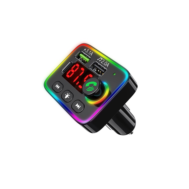 Modulator FM Auto REDZ Accessories X-Start CC076, Bluetooth 5.0, 2x USB, Iluminare RGB