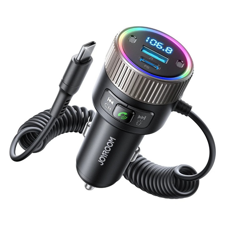 Modulator Auto Joyroom JR-CCB02, 60W, Bluetooth 5.3, Incarcare Rapida USB-C PD + USB-A QC 3.0, Iluminare RGB, Cablu Spiralat Type-C