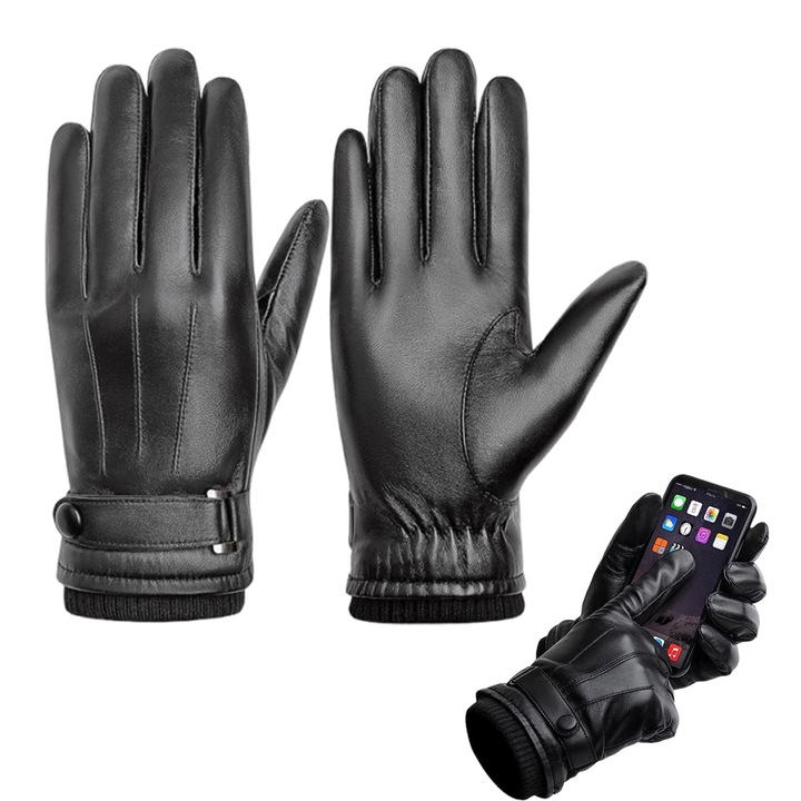 Мотоциклетни ръкавици, lynker, със сензорен екран, регулируемо затягане на ръкавиците, зимни ръкавици, от PU кожа, полар, универсален размер, 23*11 см, черни