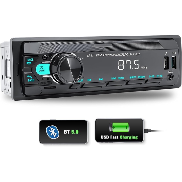 Radio MP3 Player auto FM4, Bluetooth 5.0, 1DIN, USB, Radio FM, 4x45W, Telecomanda, Negru