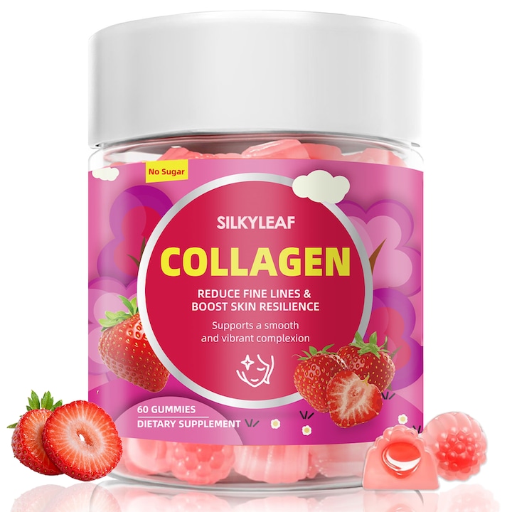 Supliment Alimentar Jeleuri cu Colagen Pentru Elasticitatea Pielii, Reduce Ridurile, Supliment cu Vitamina C, Zinc, Jeleuri cu Peptide de Colagen din Peste Pentru Par, Piele, unghii, Sustinerea Articulatiilor - Capsuni, 60 de jeleuri