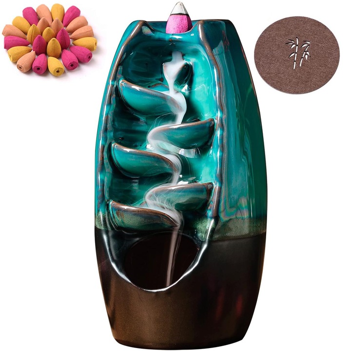 Fantana conuri parfumate backflow, SUIFAYIO®, cu Efect Cascada de Gheata Calda, Suport Ardere Conuri Parfumate, Ceramica,70 Conuri Parfumate Incluse, 10x20x12 cm