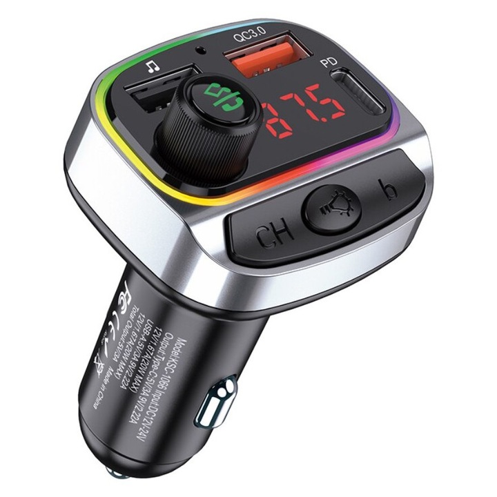 Modulator Auto Bluetooth KSC‑1066, FM Transmitter, Fast Charging PD 20W + QC 18W, USB, LED Color, Afisaj Digital, Redare MP3, Bluetooth 5.0