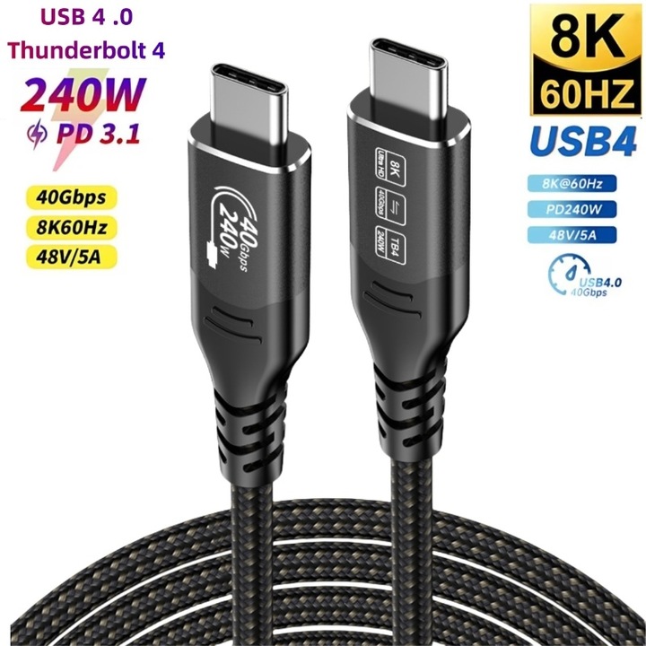 Кабел USB4 Sugxia®, USB-C, 40Gbps, 240W PD3.1, 5A, 8K 60Hz Видео, Кабел с найлонова оплетка, Съвместим с Thunderbolt 3/4 – iPhone 16, MacBook, SSD, Лаптоп, Монитор, Докинг станция, 0.5м, Черно злато
