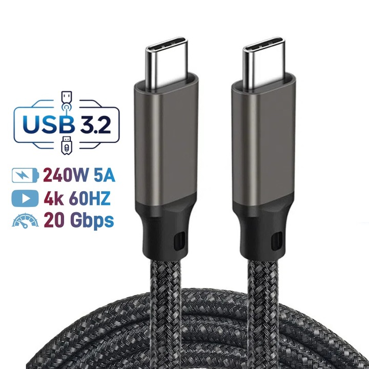 Cablu USB-C 3.2 Sugxia®, USB Type-C la USB Type-C, Transfer 20Gbps, Incarcare PD 240W, Compatibil cu Laptopuri si Telefoane (Samsung, iPhone, huawei, Xiaomi, OPPO), Video 4K@60Hz, Negru, 0.5m