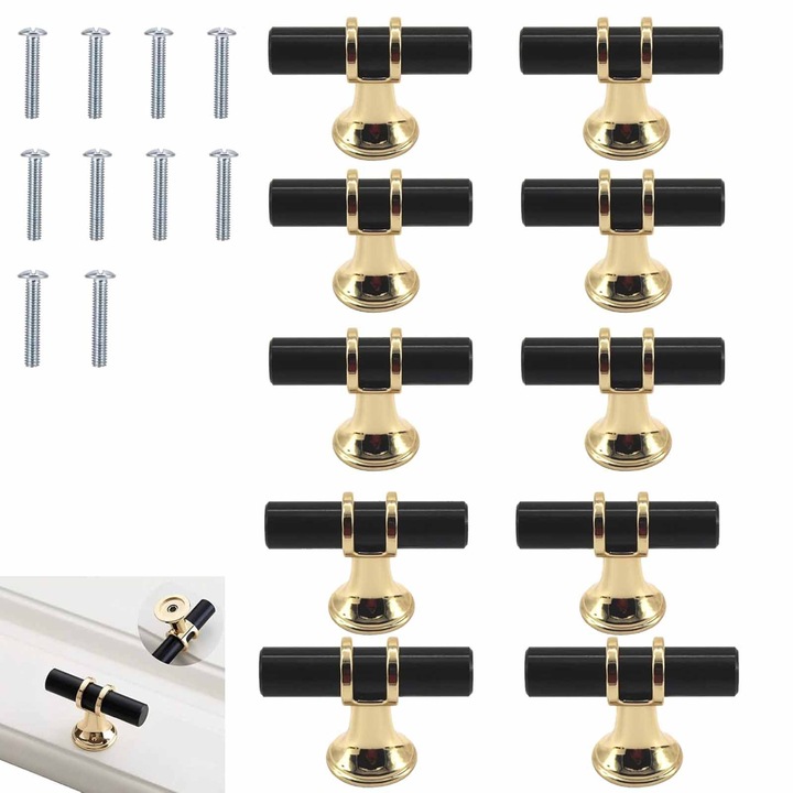 Set 10 manere mobila, SINBINTA, Manere de dulap, 50mm Lungime, Distanta gauri 96mm, Suruburi de fixare, Usor de instalat, Pentru dormitor, bucatarie, comoda, noptiera, dulap, Metal, 50*12*34mm, Negru/Auriu
