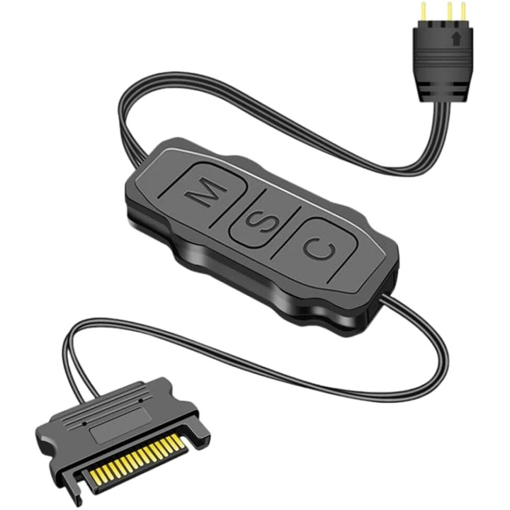 Controler ventilator ARGB, SINBINTA, Hub, Alimentat SATA, 5V, 3PIN, Compact si portabil, Conectati si lustruiti, Compatibil cu ventilatoare de carcasa pentru PC, bare luminoase, Plastic/Metal, 160/500mm, Negru