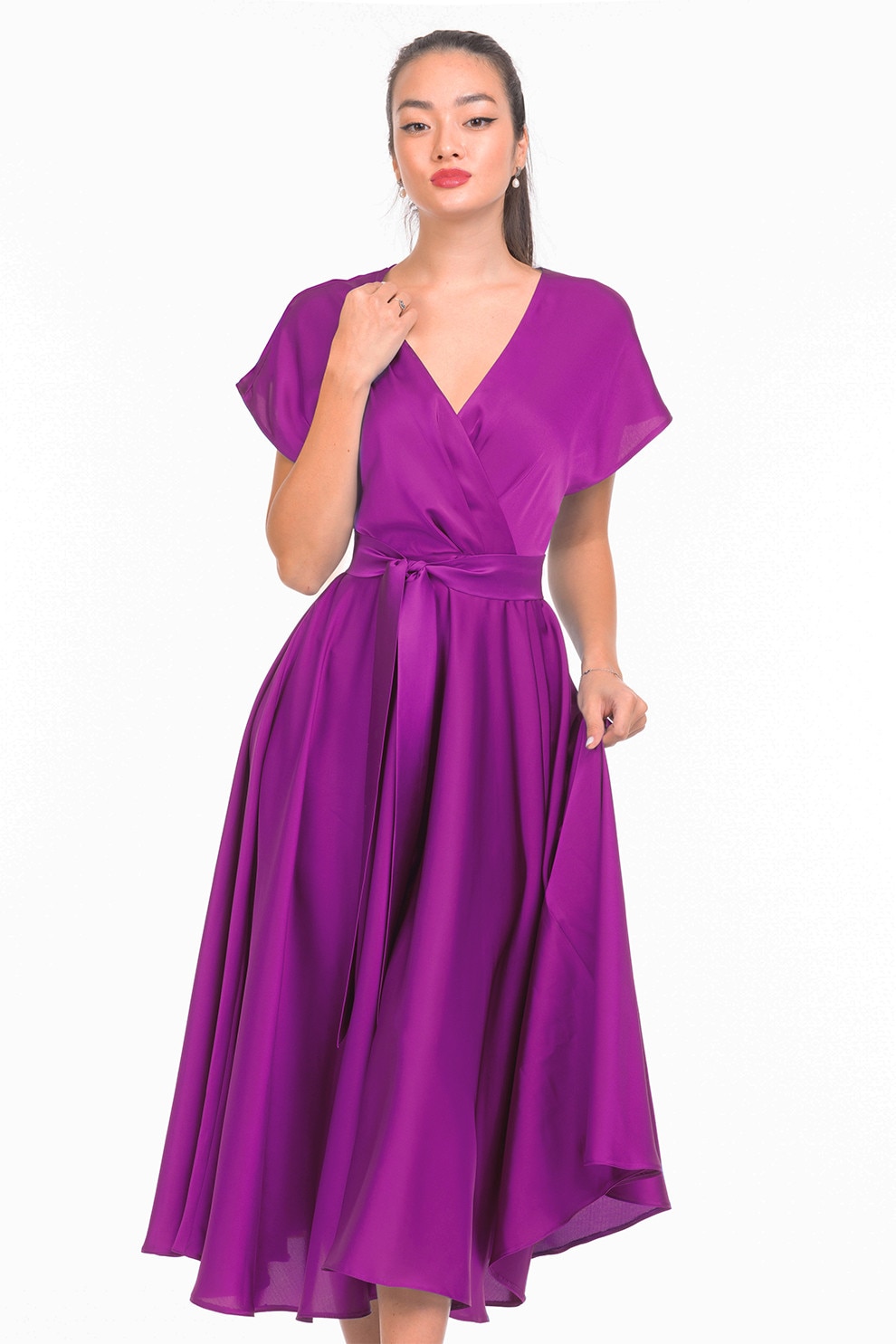 CAMISSI, Rochie midi evazata cu aspect satinat, Violet, L-XL