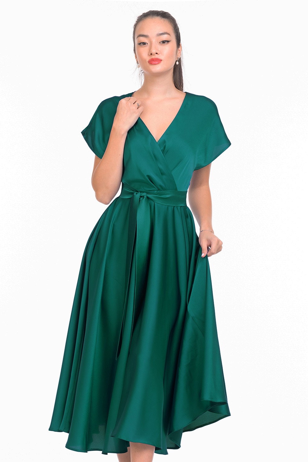 CAMISSI, Rochie midi evazata cu aspect satinat, Verde, L-XL