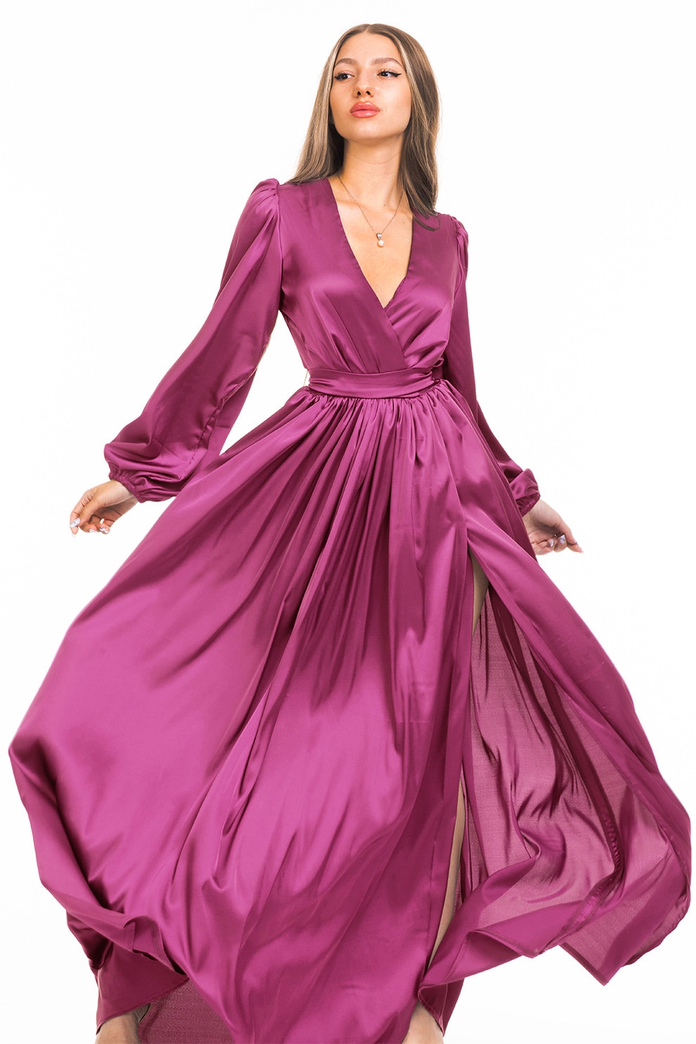 CAMISSI, Rochie maxi evazata cu slit si model petrecut, Roz zmeuriu, S