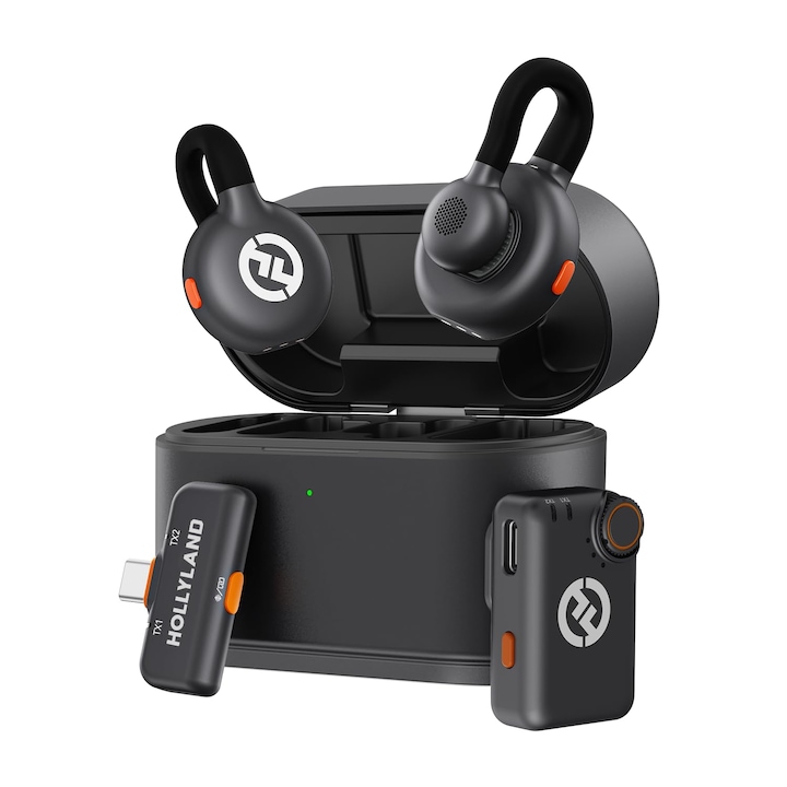 Hollyland Lark M2S Mini Combo vezeték nélküli mikrofon (kamera RX+Type-C RX) kamera/iPhone/Android/laptop számára, 7g könnyű súly, titán csipesz, 300m hatótávolság, tartalomkészítőknek, online oktatáshoz, streaminghez