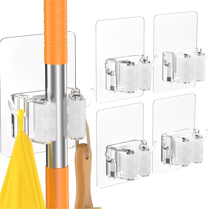 Set suporturi perete pentru maturi si mopuri, TREXORA, 4 piese, transparente, 2.36x3.35in