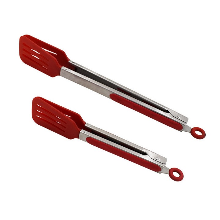 Set de 2 clesti pentru frigarui din otel inoxidabil si nylon - Clesti de bucatarie rezistenti la caldura pentru gratar, intoarcere si servire (Manere din silicon negru), 12 inch