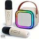 Boxa Portabila pentru Karaoke, cu 2 Microfoane Incluse, Joc de Lumini RGB, Incarcare USB C si Redare 3 - 4 Ore, DImensiune 9 x 7 cm, Crem Deschis, ORIGINAL DEALS