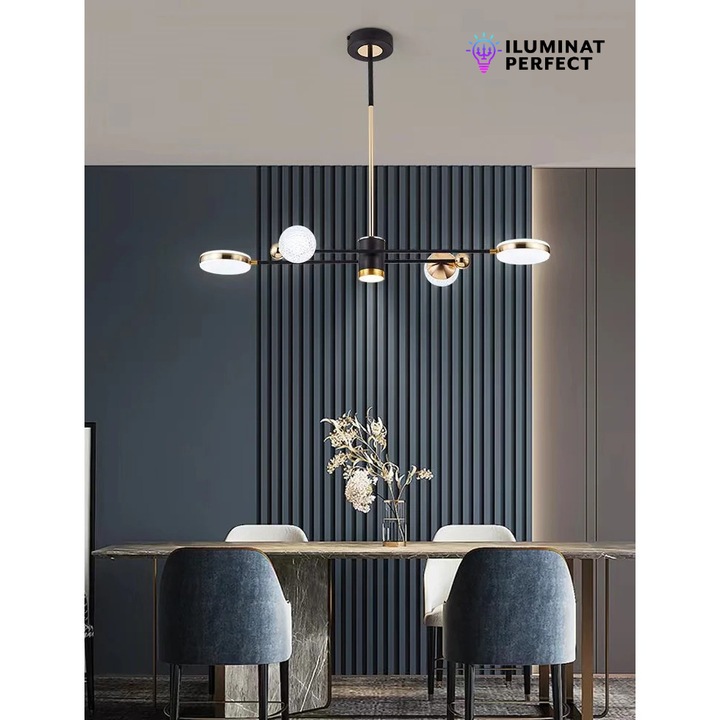 Lustra LED Lane 66 W, Cu Telecomanda, Dimabila, Negru, Auriu, 32x60x94 Cm