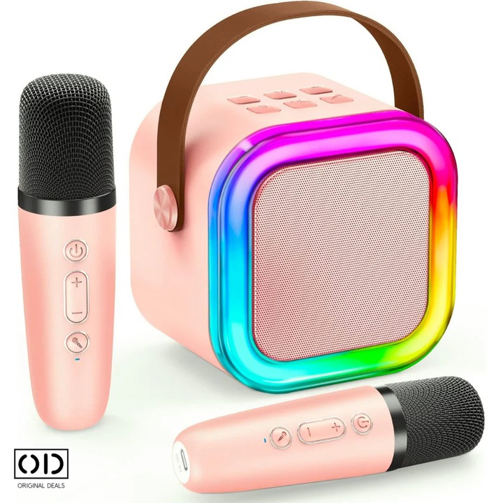 Boxa Portabila pentru Karaoke, cu 2 Microfoane Incluse, Joc de Lumini RGB, Incarcare USB C si Redare 3 - 4 Ore, DImensiune 9 x 7 cm, Roz, ORIGINAL DEALS