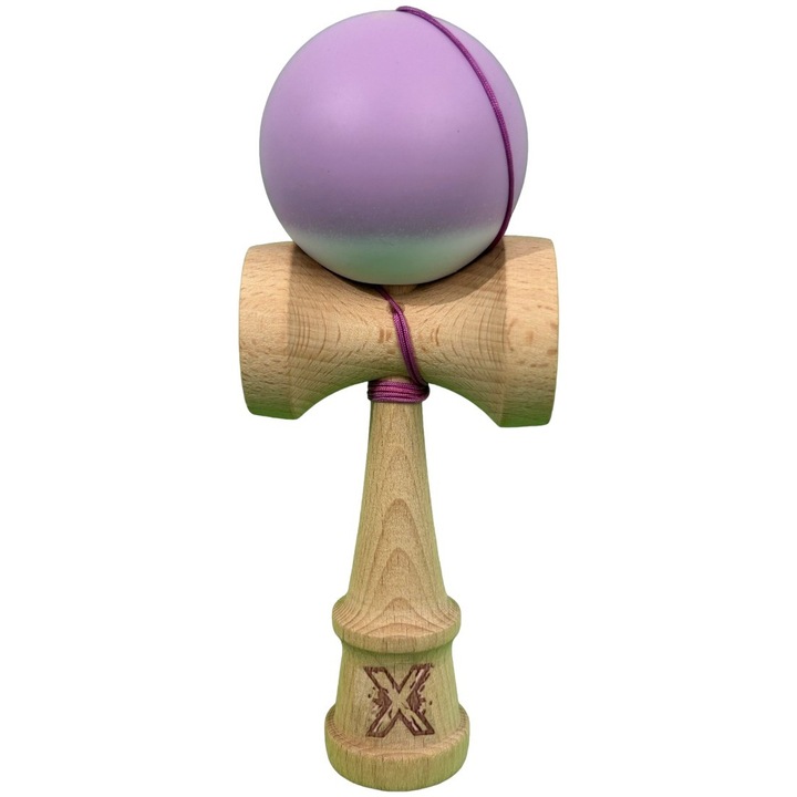 Kendama X Originala, Profesionala, Flippy, din Lemn cu Bila cu Invelis din Cauciuc, 18 x 6 x 7 cm, Rubber Grip, Mov/Alb