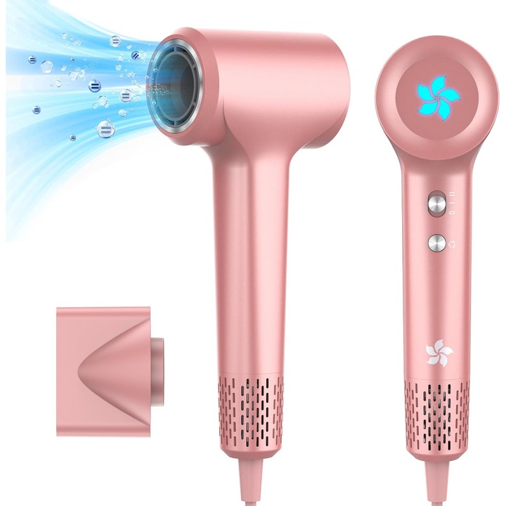 Azmsary Hair Turbo Pro - Професионален високоскоростен сешоар (бял) - Мотор 110 000 об/мин - 1500 W - Дебит на въздуха 18 м/с - Технология с 200 милиона йони - 2 магнитни накрайника