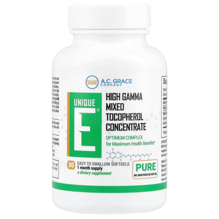 Supliment alimentar Unique E, A.C. Grace Company, 30 capsule moi, 400 UI D-alfa-tocoferol, 300 mg G-gamma tocoferol