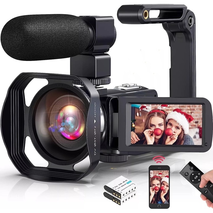 Видеокамера, 64 mpx, 30 fps, 4K Ultra HD, 3.0", 48M, 16x увеличение, За Youtube, Видеокамера с 3-инчов LCD екран с карта, 2 батерии, черна