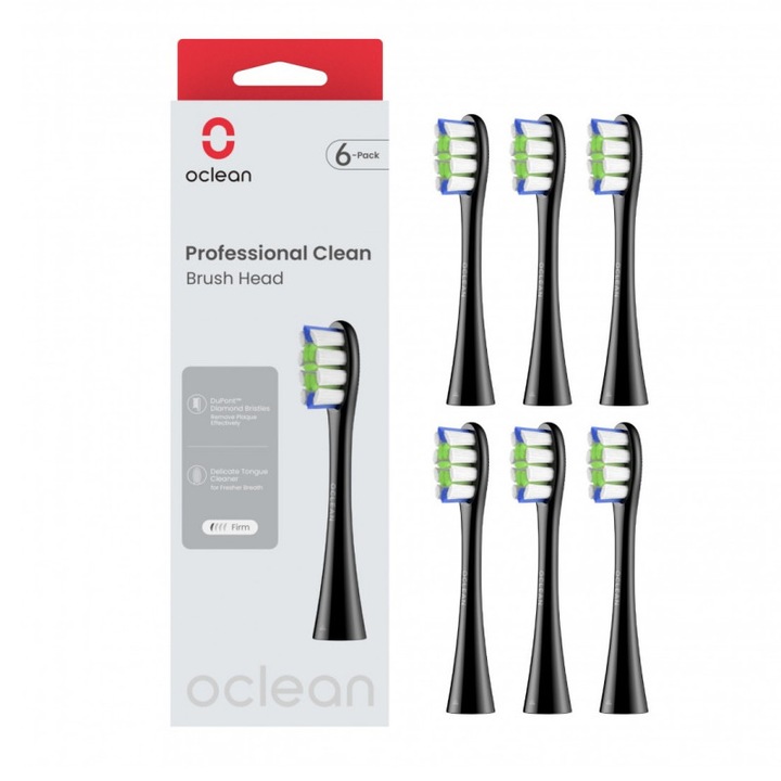 6 darabos pótfejkészlet elektromos fogkeféhez Oclean Professional Clean kefefej, kemény, DuPont szálak, nyelvápolás, fekete