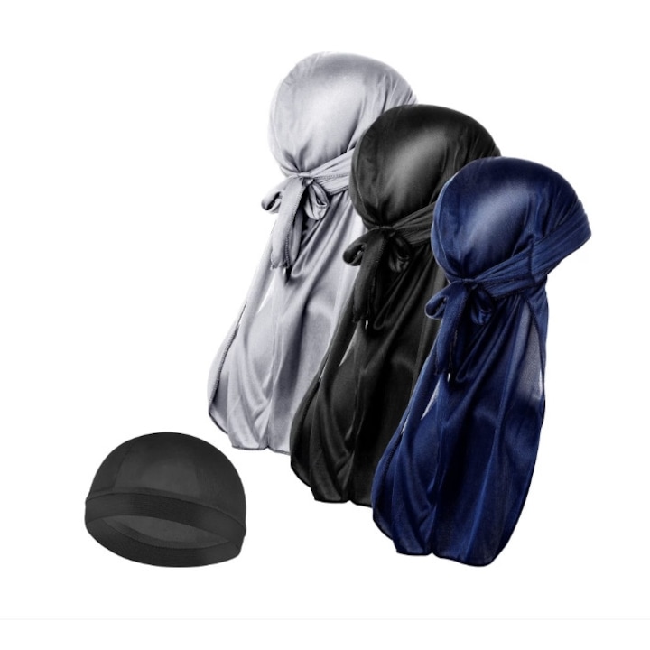 3 db bandanna durag és 1 alap sapka készlet, hosszú farkú kalóz sapka, univerzális méret, uniszex, többszínű
