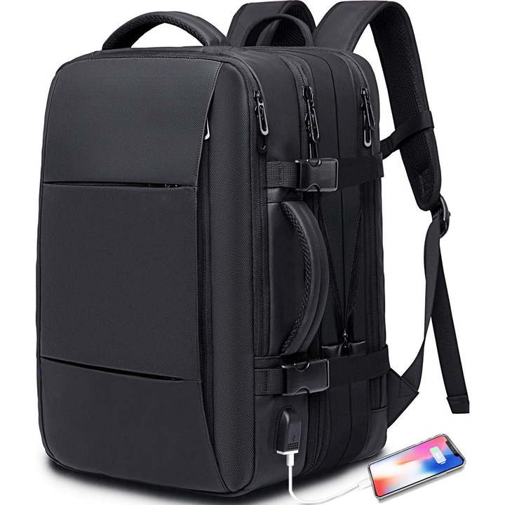 Rucsac pentru laptop, inteligent, cu capacitate extinsa, geanta de calatorie, impermeabil, port de incarcare USB, 42 x 30 x 23 cm, negru
