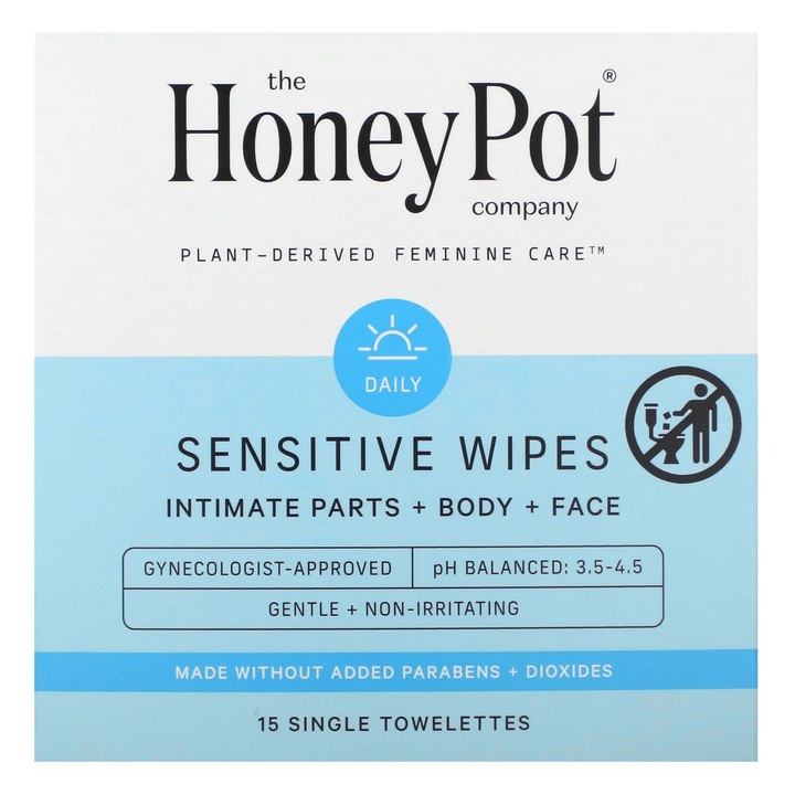 Servetele pentru piele sensibila, The Honey Pot Company, 15 bucati, pH 3,5-4,5, cu Aloe si Musetel
