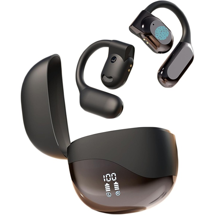 Casti intraauriculare cu traducere in timp real si inteligenta artificiala, 3 in 1, 144 de limbi, Bluetooth 5.3, autonomie a bateriei de 7-8 ore, afisaj LED, incarcare tip C, compatibile cu iOS si Android (negru)