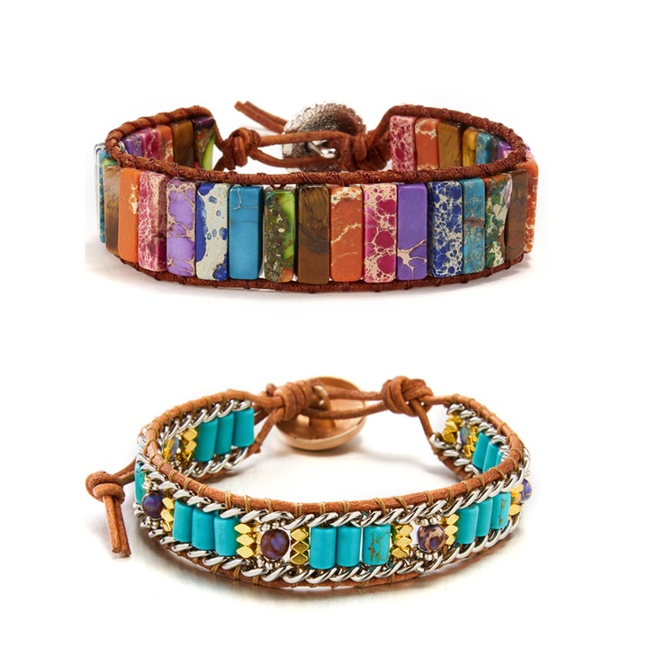 Set de 2 Bratari Energetice Handmade Chakra, BOMSTOM，2 modele, piatra naturala, multicolor
