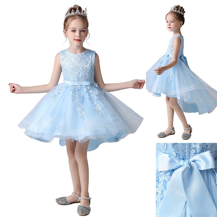 Парти рокля за момичета, LUVANTA®, флорална бродерия, без ръкави, синя, Син