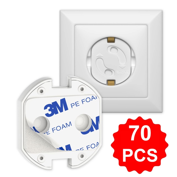 Set 70 bucati protectii priza pentru bebelusi si copii, cu adeziv 3M, alb, bebeLOGIC™