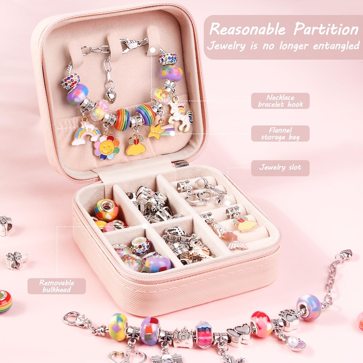Set de bratari DIY pentru fete, cu margele colorate, pandantive si accesorii pentru confectionarea bijuteriilor, tematica cu unicorni, ideal pentru creativitate si cadou educativ 5-12 ani, cu cutie organizatoare portabila