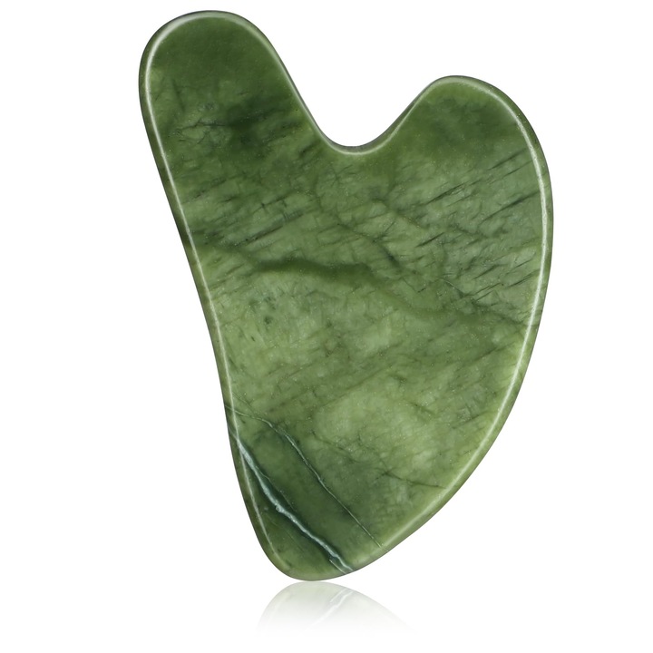 Instrument de masaj Gua Sha din jad natural, piatra verde inchis pentru terapie faciala si corporala, stimularea circulatiei si relaxarea muschilor, ideal pentru tratamentul punctelor trigger, drenaj limfatic si ingrijirea zilnica a pielii
