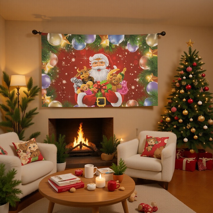 Panza decorativa de Craciun, poate fi utilizata pentru decorarea petrecerilor, decorarea casei si decorarea portbagajului masinii, atmosfera de sarbatoare intensa, model cu Mos Craciun, pom de Craciun, cadouri de Craciun si ren, 150cm * 90cm, Rosu aprins