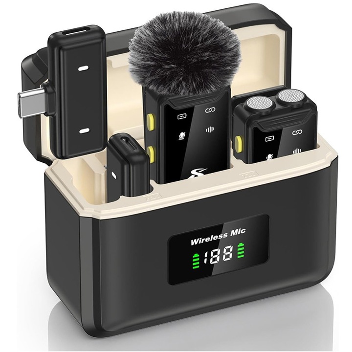 Microfon lavaliera, ZYNORO®, USB C, Wireless live, interviuri, Reducerea zgomotului de fundal, 28 de ore de viata a bateriei (cu carcasa de incarcare), microfon wireless Lavalier pentru inregistrare video si podcasting，Negru carbune