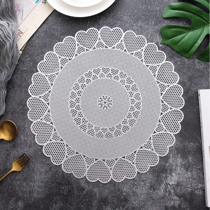 Set 2 Bucati, Stergar Masa Rotund PVC, Dantelat Laser, Diametru 38cm, Antiderapant, Termorezistent (90°C), Spalabil, Premium, Argintiu