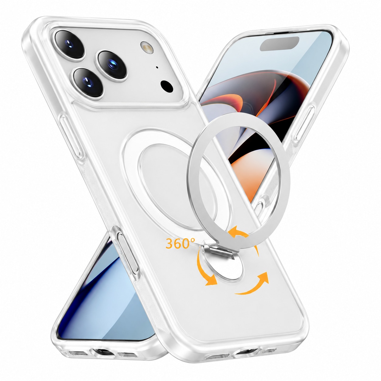 Husa de Protectie pentru iPhone 17 Pro Max, MagSafe, Suport Magnetic Rotativ 360°, Buton Control Camera, Incarcare Wireless, Protectie Camera, TPU Transparent, Alb