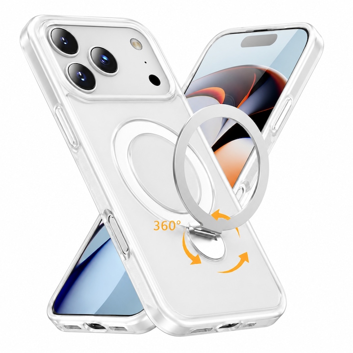 Husa de Protectie pentru iPhone 17 Pro Max, MagSafe, Suport Magnetic Rotativ 360°, Buton Control Camera, Incarcare Wireless, Protectie Camera, TPU Transparent, Alb