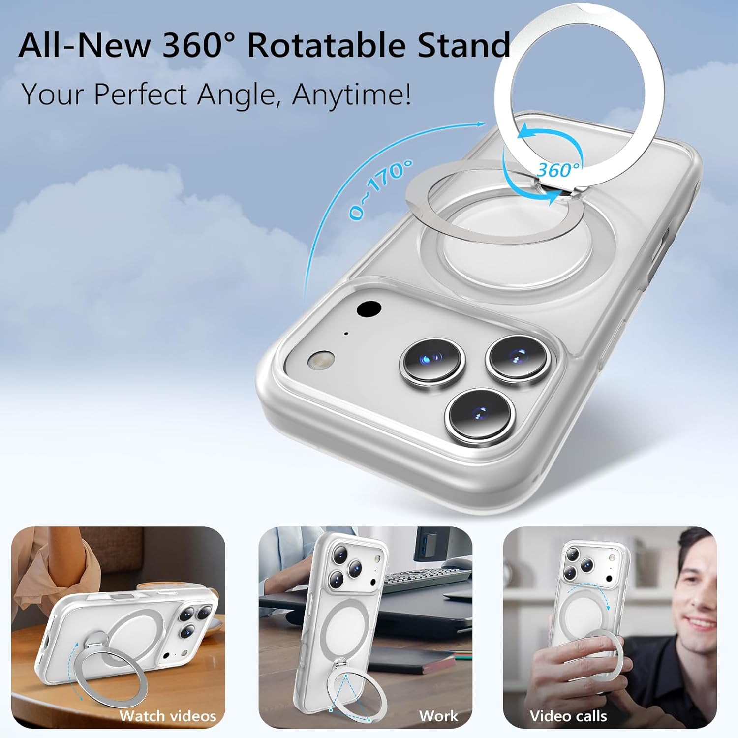 Husa pentru iPhone 17 Pro Max, Magnetic MagSafe, Suport Rotativ Magnetic 360, Alb