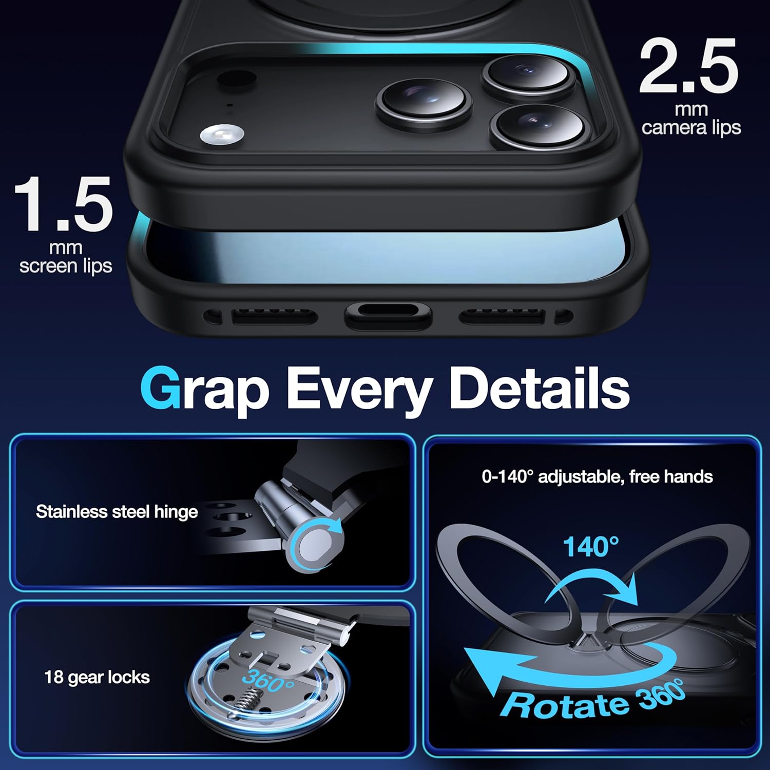 Husa de Protectie pentru iPhone 17 Pro, MagSafe, Suport Magnetic Rotativ 360°, Buton Control Camera, Incarcare Wireless, Protectie Camera, TPU Transparent, Negru