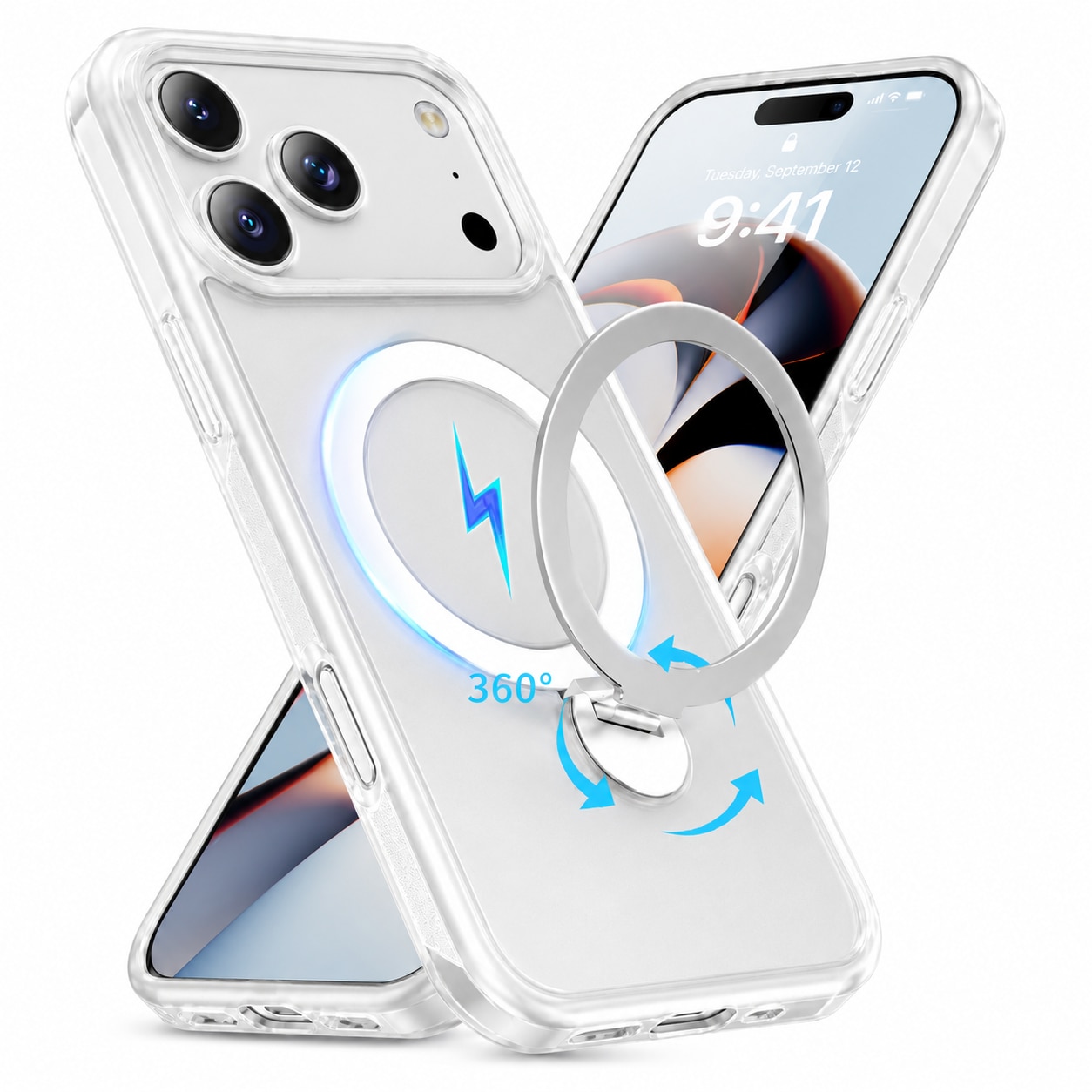 Husa de Protectie pentru iPhone 17 Pro, MagSafe, Suport Magnetic Rotativ 360°, Incarcare Wireless, Protectie Camera, Margini Anti-Soc, TPU Transparent, Alb