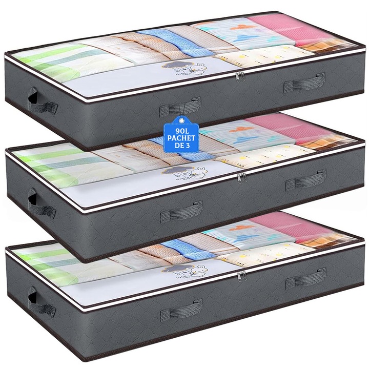Set de 3 Cutii XXL Depozitare si Organizare Haine, pentru paturi/haine/pilote/puloveri/perne, 90L, TOIITKQ, gri