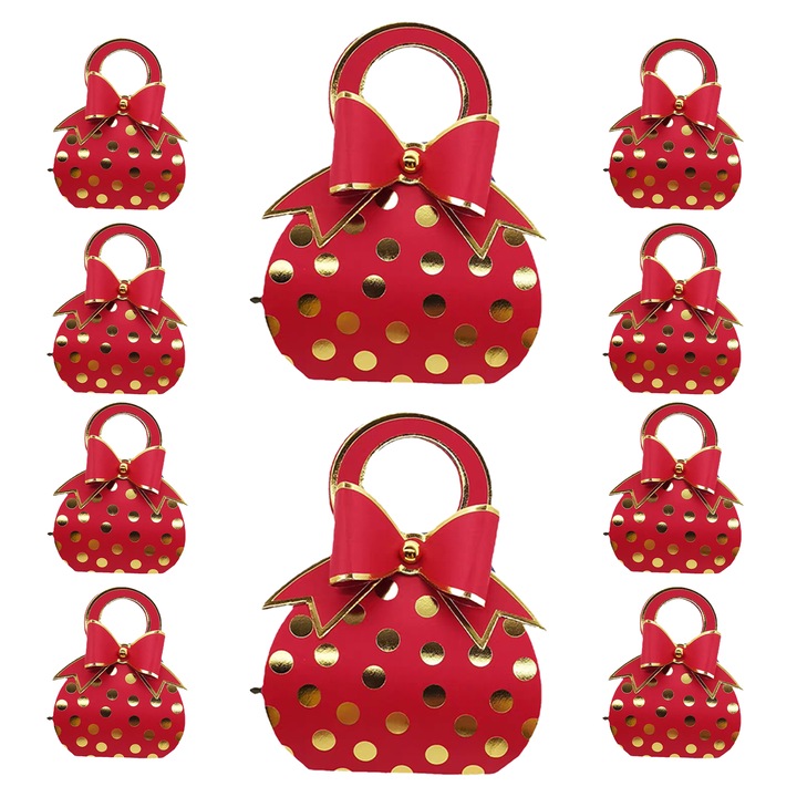 Set de 10 cutii cadru pentru bomboane, model cu puncte rosii si aurii, potrivite pentru cadouri mici la petreceri de Halloween, Craciun, nunti si zile de nastere, usor de asamblat, 13cm * 6.5cm * 3.5cm