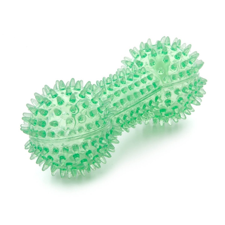 Jucarie Caini Gantera TPR cu Striatii si Sunet, JK, Verde - 15 cm, Masaj Gingival si Joaca Indelungata