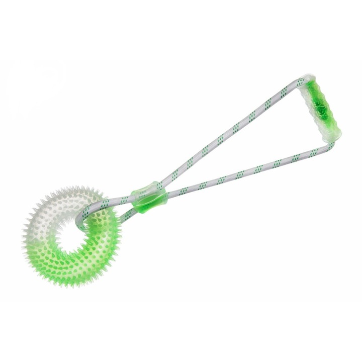 Jucarie Interactiva Caini - Roata cu Sfoara Elastica si Maner Cauciuc TPR, 40x13 cm JK Verde Alb, Dentitie, Masaj Gingival si Joaca Tras Aport